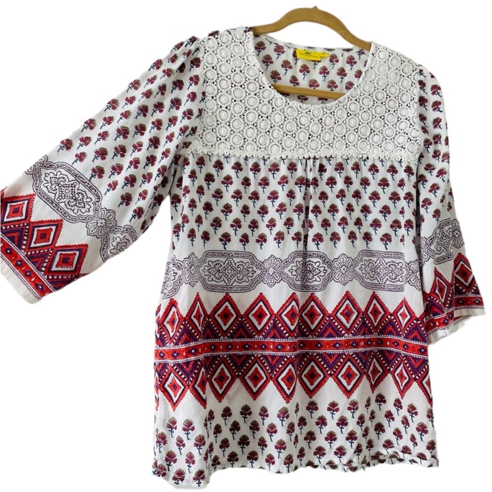 Linen Roller Rabbit Boho Crochet Floral Blouse Size Medium
